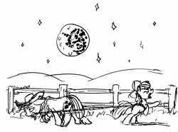 Size: 1472x1088 | Tagged: apple bloom, applejack, artist:snapai, black and white, derpibooru import, farm, fence, grayscale, lasso, mare in the moon, monochrome, moon, rope, safe, tired