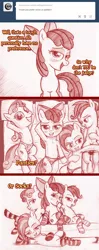 Size: 792x1997 | Tagged: suggestive, artist:jaxonian, derpibooru import, apple bloom, babs seed, scootaloo, sweetie belle, earth pony, pegasus, pony, unicorn, ask fapplebloom, babe seed, bed, bedroom eyes, belly button, clothes, comic, cute, cutie mark crusaders, fapplebloom, female, filly, foalcon, funny, grin, looking at you, monochrome, palindrome get, panties, pillow, secret butt fun, sexy, socks, striped socks, teasing, tumblr, underwear