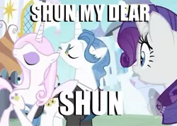 Size: 425x303 | Tagged: canterlot, charlie the unicorn, derpibooru import, fancypants, fleur-de-lis, image macro, meme, rarity, safe, screencap, shunning, the prestige