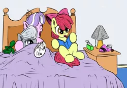 Size: 856x596 | Tagged: anonymous, apple bloom, artist:tiki2, artist:xioade, bed, book, cast, cute, derpibooru import, diamondbetes, diamond tiara, doll, eyes closed, female, happy, hoof hold, hug, laughing, lesbian, open mouth, plushie, reading, safe, shipping, silver spoon, silvertiara, sitting, smiling, source needed, toy