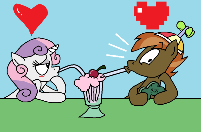 Size: 1008x663 | Tagged: safe, artist:jazo123, derpibooru import, button mash, sweetie belle, earth pony, pony, unicorn, blushing, colt, female, filly, male, milkshake, shipping, straight, sweetiemash, video game, wide eyes