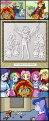 Size: 800x1977 | Tagged: safe, artist:uotapo, derpibooru import, applejack, fluttershy, pinkie pie, princess luna, rainbow dash, rarity, snails, snips, spike, sunset shimmer, twilight sparkle, dog, equestria girls, applejack is not amused, boots, bracelet, clothes, comic, element of magic, female, fluttershy is not amused, humane five, jewelry, kneeling, mane seven, mane six, meme, meme origin, open mouth, orz, pants, pinkamena diane pie, pinkie pie is not amused, question mark, rainbow dash is not amused, rarity is not amused, shoes, skirt, sledgehammer, spike the dog, sunset's art critics, sweat, tongue out, trowel, unamused, vice principal luna, wings