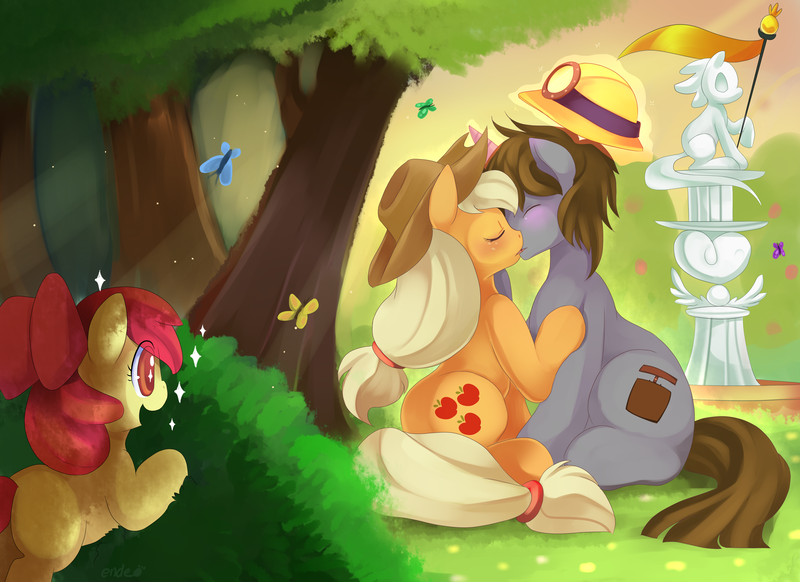 Size: 3507x2550 | Tagged: safe, artist:ende26, derpibooru import, apple bloom, applejack, oc, butterfly, blushing, bush, canon x oc, crepuscular rays, eyes closed, helmet, hug, kissing, magic, observer, open mouth, park, sitting, smiling, sparkles, squee, statue, telekinesis, watching, wide eyes, wingding eyes