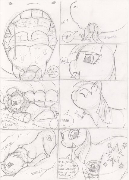 Size: 914x1280 | Tagged: questionable, artist:sparkythechu, derpibooru import, trixie, twilight sparkle, pony, unicorn, comic, d, dialogue, female, fetish, giant pony, giant/tiny, heart, implied digestion, inside stomach, internal, karma, macro, mare, maw, mawshot, micro, monochrome, open mouth, oral vore, salivating, simple background, smiling, stomach noise, swallowing, taunting, tongue out, traditional art, twipred, unicorn twilight, uvula, vore, white background