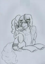 Size: 1552x2197 | Tagged: safe, artist:digitaldomain123, derpibooru import, pinkie pie, oc, earth pony, human, pony, brony, female, mare, monochrome, piggyback ride, sketch, smiling, traditional art