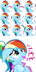 Size: 996x1999 | Tagged: source needed, useless source url, safe, derpibooru import, rainbow dash, /mlp/, 4chan, alternate hairstyle, brainwashed, brainwashing, brush, clothes, contact lens, dress, dressup, earring, false eyelashes, hypno dash, hypnosis, image, jewelry, lipstick, makeover, makeup, mascara, nail file, necklace, offscreen character, piercing, png, polishing, ponytail, pouting, pretty, solo