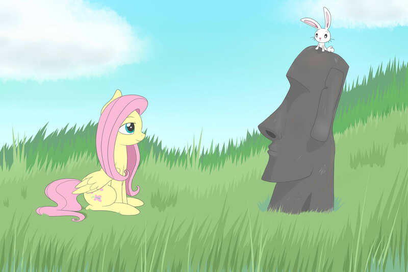 Size: 3000x2000 | Tagged: safe, artist:fluttershyfree, derpibooru import, angel bunny, fluttershy, moai