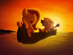 Size: 800x610 | Tagged: applejack, appleshy, artist:sonicsketch, boat, derpibooru import, female, fluttershy, guitar, lesbian, newbie artist training grounds, safe, shipping, singing, sunset