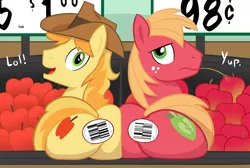 Size: 1280x858 | Tagged: suggestive, artist:acstlu, derpibooru import, big macintosh, braeburn, earth pony, pony, apple, ask, barcode, big backintosh, braebetes, braebutt, butt bump, butt to butt, butt touch, cowboy hat, cute, dialogue, duo, duo male, hat, line-up, lol, looking at you, looking back, looking back at you, macabetes, male, males only, open mouth, plot, plot pair, presenting, produce lookup codes, smiling, smiling at you, stallion, sticker, store, strategically covered, straw in mouth