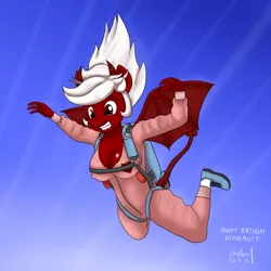 Size: 1280x1280 | Tagged: anthro, anthro oc, artist:phallen1, breasts, clothes, derpibooru import, falling, female, hybrid, jumpsuit, oc, oc:chilly pepper, parachute, skydiving, solo, solo female, suggestive, unofficial characters only