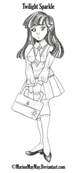 Size: 600x1384 | Tagged: artist:marionmaymay, bag, clothes, dead source, derpibooru import, deviantart watermark, grayscale, human, humanized, monochrome, necktie, obtrusive watermark, safe, schoolgirl, school uniform, simple background, solo, sweater vest, traditional art, twilight sparkle, watermark, white background