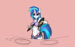 Size: 1280x800 | Tagged: anthro, artist:swissleo, belly button, breasts, busty vinyl scratch, clothes, derpibooru import, female, midriff, panties, record, shorts, solo, solo female, suggestive, thong, top, turntable, underwear, vinyl scratch