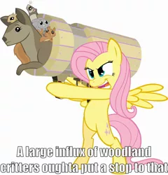 Size: 2190x2282 | Tagged: safe, artist:maximillianveers, derpibooru import, fluttershy, pony, animal, bipedal, cannon, cannon ponies, caption, dr. bees, harry partridge, image, image macro, jpeg