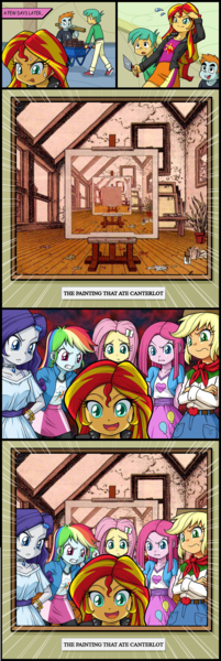 Size: 800x2388 | Tagged: safe, derpibooru import, applejack, fluttershy, pinkie pie, rainbow dash, rarity, snails, snips, sunset shimmer, equestria girls, dc comics, doom patrol, droste effect, exploitable meme, meme, pinkamena diane pie, sunset's art critics, the painting that ate paris