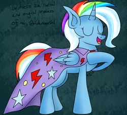 Size: 2200x2000 | Tagged: safe, artist:novaspark, derpibooru import, rainbow dash, trixie, oc, alicorn, pony, abstract background, alicorn oc, cape, clothes, female, fusion, lesbian, shipping, signature, solo, text, what has science done