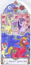 Size: 616x1297 | Tagged: safe, artist:chatsium, derpibooru import, apple bloom, big macintosh, comet tail, smarty pants, twilight sparkle, earth pony, pony, cometlight, flower, male, shipping, stallion, straight, twimac