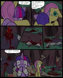 Size: 827x1025 | Tagged: grimdark, artist:metal-kitty, derpibooru import, fluttershy, twilight sparkle, changeling, pegasus, pony, unicorn, comic:mlp project, bandage, blood, comic, crying, dead, decapitated, female, impalement, mare