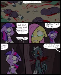 Size: 827x1025 | Tagged: grimdark, artist:metal-kitty, derpibooru import, fluttershy, twilight sparkle, oc, changeling, pony, comic:mlp project, bandage, blood, comic, crying, dead, impalement