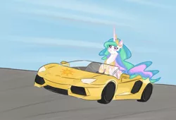 Size: 1096x747 | Tagged: artist:smileydayz, car, cute, cutelestia, derpibooru import, driving, hypercar, lamborghini, lamborghini aventador, princess celestia, safe, scrunchy face, solo, supercar