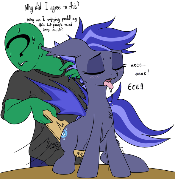 Size: 912x930 | Tagged: suggestive, artist:lulubell, artist:stoic5, derpibooru import, oc, oc:anon, oc:night watch, unofficial characters only, bat pony, human, pony, bat pony oc, blushing, chest fluff, drool, eeee, eyes closed, eyeshadow, fangs, female, floppy ears, human male, human on pony action, lip bite, male, mare, mind break, open mouth, paddle, shivering, simple background, sitting, spanking, spread wings, sweat, table, tongue out, white background, wingboner