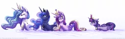 Size: 1280x405 | Tagged: safe, artist:inuhoshi-to-darkpen, derpibooru import, princess cadance, princess celestia, princess luna, twilight sparkle, twilight sparkle (alicorn), alicorn, duck pony, pony, alicorn tetrarchy, element of magic, eyes closed, female, floppy ears, fluffy, frown, grumpy, grumpy twilight, line-up, looking back, mare, smiling, swandance, swanlestia, swanlight sparkle, swanluna, swimming, twilight is not amused, unamused, water