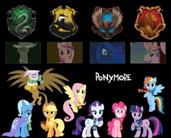 Size: 1500x1206 | Tagged: safe, artist:reina-kitsune, derpibooru import, applejack, discord, fluttershy, gilda, pinkie pie, princess cadance, princess celestia, princess luna, rainbow dash, rarity, trixie, twilight sparkle, gryphon, clothes, crossover, gryffindor, harry potter, hufflepuff, ravenclaw, scarf, slytherin