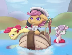 Size: 1950x1500 | Tagged: apple bloom, artist:alasou, boat, clothes, cutie mark crusaders, derpibooru import, floaty, safe, scootaloo, sinking, sweetie belle, uniform