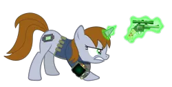 Size: 4679x2365 | Tagged: safe, artist:scarletlightning565, derpibooru import, oc, oc:littlepip, unofficial characters only, pony, unicorn, fallout equestria, fanfic, .svg available, clothes, cutie mark, fanfic art, female, glowing horn, gritted teeth, gun, handgun, hooves, horn, levitation, little macintosh, magic, mare, optical sight, pipbuck, revolver, simple background, solo, svg, teeth, telekinesis, transparent background, vault suit, vector, weapon