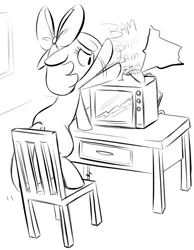 Size: 556x716 | Tagged: safe, artist:briskby, derpibooru import, apple bloom, monochrome, percussive maintenance, sketch, solo, television