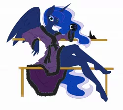 Size: 1280x1149 | Tagged: anthro, artist:spiderweber, barefoot, bathrobe, bedroom eyes, breasts, busty princess luna, clothes, coffee, derpibooru import, feet, female, grin, leaning, legs, looking at you, morning ponies, plantigrade anthro, princess luna, robe, simple background, sitting, smiling, solo, solo female, suggestive, toes, white background