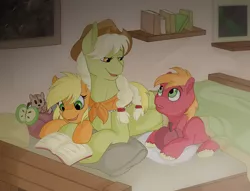 Size: 3430x2617 | Tagged: safe, artist:llacky, derpibooru import, applejack, big macintosh, granny smith, earth pony, pony, squirrel, bed, bedroom, book, colt, cowboy hat, filly, hat, heartwarming, male, origins, reading, stallion, stetson, younger