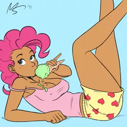 Size: 1575x1575 | Tagged: artist:megasweet, artist:tiki2, breasts, busty pinkie pie, derpibooru import, erect nipples, female, food, human, humanized, ice cream, nipple outline, pinkie pie, solo, solo female, suggestive, tanned