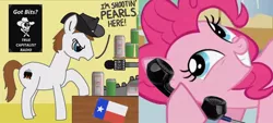 Size: 680x308 | Tagged: cans, derpibooru import, flag, microphone, pinkie pie, ponified, poster, prank call, safe, speech bubble, telephone, the man they call ghost, true capitalist radio