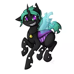 Size: 600x600 | Tagged: angelgrace, artist:sinsays, changeling, changeling oc, collar, commission, cute, derpibooru import, fangs, female, garnet, grin, hypnosis, hypnotized, looking at you, mare, necklace, oc, purple changeling, raised hoof, safe, smiling, solo, spiral, swirly eyes, unofficial characters only