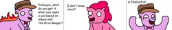 Size: 1024x181 | Tagged: 1000 hours in ms paint, artist:pewdie-pinkiepie, bowtie, clarence, comic, comic sans, derpibooru import, duo, fedora, hat, joke, ms paint, necklace, oc, oc:clarance, pewdiepie, pinkie pie, safe, wat