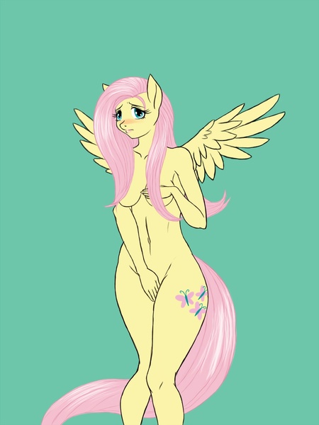 Size: 1125x1500 | Tagged: anthro, artist:lurking tyger, belly button, blushing, breasts, covering, derpibooru import, embarrassed, female, fluttershy, godiva hair, humiliation, nudity, pegasus, simple background, solo, solo female, strategically covered, suggestive, teasing, unguligrade anthro