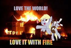 Size: 500x338 | Tagged: safe, derpibooru import, derpy hooves, pegasus, pony, arson, cute, female, fire, flying, funny, grimcute, heart, house, irl, kill it with fire, letter, love, lowres, mailbag, mare, open mouth, photo, saddle bag, smiling, spread wings, wings