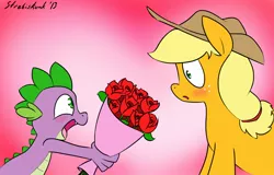 Size: 1010x648 | Tagged: safe, artist:strebiskunk, derpibooru import, applejack, spike, dragon, earth pony, pony, applespike, blushing, bouquet, dots, female, flower, heart, interspecies, kiss on the lips, male, mare, pink background, rose, shipping, simple background, straight