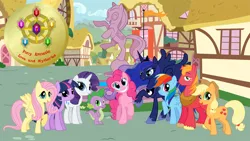 Size: 960x540 | Tagged: safe, derpibooru import, applejack, big macintosh, fluttershy, pinkie pie, princess luna, rainbow dash, rarity, spike, twilight sparkle, earth pony, pony, demo, game, male, pony amnesia, stallion, visual novel