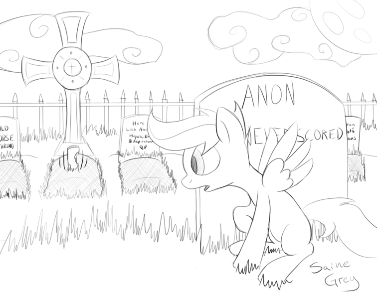 Size: 1500x1191 | Tagged: artist:saine grey, derpibooru import, grave, gravestone, graveyard, monochrome, nightmare night, safe, scootaloo, solo, zombie