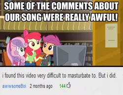 Size: 1366x1056 | Tagged: safe, derpibooru import, apple bloom, scootaloo, sweetie belle, equestria girls, awful youtube comments, comments, cutie mark crusaders, exploitable meme, meme, youtube