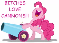 Size: 1280x941 | Tagged: bitches love cannons, comic sans, derpibooru import, hellsing, hellsing ultimate abridged, partillery, party cannon, pinkie pie, pink text, safe, solo, text, truth, vulgar