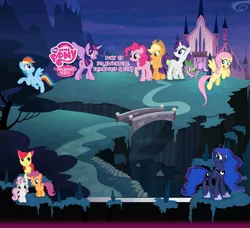 Size: 1600x1462 | Tagged: safe, derpibooru import, official, apple bloom, applejack, fluttershy, pinkie pie, princess luna, rainbow dash, rarity, scootaloo, spike, sweetie belle, twilight sparkle, twilight sparkle (alicorn), alicorn, pony, season 4, cardboard twilight, castle, cutie mark crusaders, female, hubworld, mane seven, mane six, mare, my little pony logo, stock vector