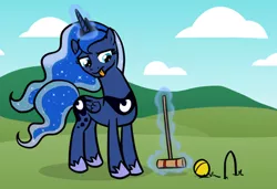 Size: 850x580 | Tagged: artist:lightbulb, croquet, croquet mallet, derpibooru import, magic, playing, princess luna, safe, solo, sports