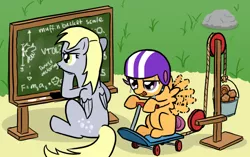 Size: 850x533 | Tagged: safe, artist:lightbulb, derpibooru import, derpy hooves, scootaloo, pegasus, pony, bucket, chalkboard, fancy mathematics, female, flying contraption, flying lesson, helmet, mare, muffin, science, scootaloo can't fly, scooter, sweat, this will end in tears