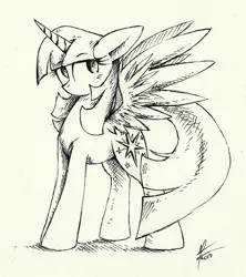 Size: 1419x1596 | Tagged: safe, artist:moonlightfl, derpibooru import, twilight sparkle, twilight sparkle (alicorn), alicorn, pony, black and white, female, grayscale, mare, monochrome, sketch, solo, traditional art