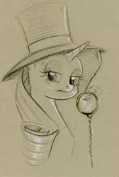Size: 600x891 | Tagged: artist:maytee, derpibooru import, hat, monocle, monocle and top hat, portrait, rarity, safe, solo, top hat, traditional art