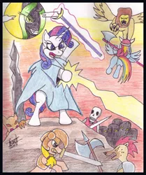 Size: 570x683 | Tagged: applejack, artist:rdk, axe, bipedal, derpibooru import, dungeons and dragons, fight, hoof hold, magic, mouth hold, queen chrysalis, rainbow dash, rarity, safe, sword, traditional art