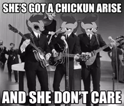 Size: 486x416 | Tagged: chickun, derpibooru import, edit, exploitable meme, forced meme, guitar, human, image macro, irl, irl human, meme, microphone, musical instrument, photo, safe, scootaloo, song reference, the beatles, ticket to ride