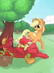 Size: 1280x1723 | Tagged: safe, artist:purmu, derpibooru import, apple bloom, applejack, big macintosh, earth pony, pony, apple, apple siblings, brother and sister, drool, female, food, lip bite, male, resting, siblings, sisters, sleeping, snot bubble, stallion, tree